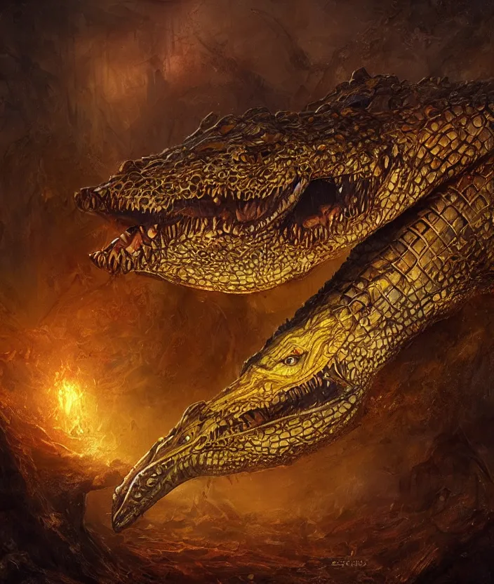 Image similar to egyptian crocodile in a golden armor, mysterious, fantasy artwork, godrays, warm colors, by seb mckinnon