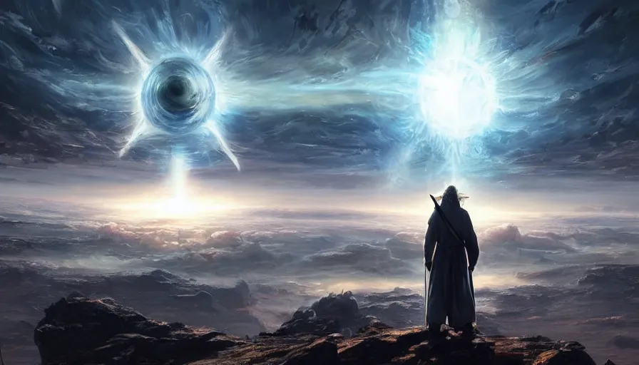 Prompt: a beautiful painting of gandalf watching a huge wormhole destroy an alien world with multiple suns, ray traced lighting by jean kalin popov and greg rutkowski