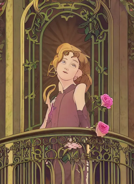 Image similar to well - lit art nouveau portrait of a 1 3 - year old girl with a shy expression, looking out from a balcony with a rose trellis, natural lighting, path traced, highly detailed, high quality, cartoon, digital painting, by don bluth and ross tran and studio ghibli