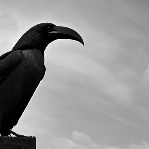 Prompt: a giant crow with a round body short legs and large black beak sitting in a black stone obelisk, high resolution film still, film by Jon Favreau