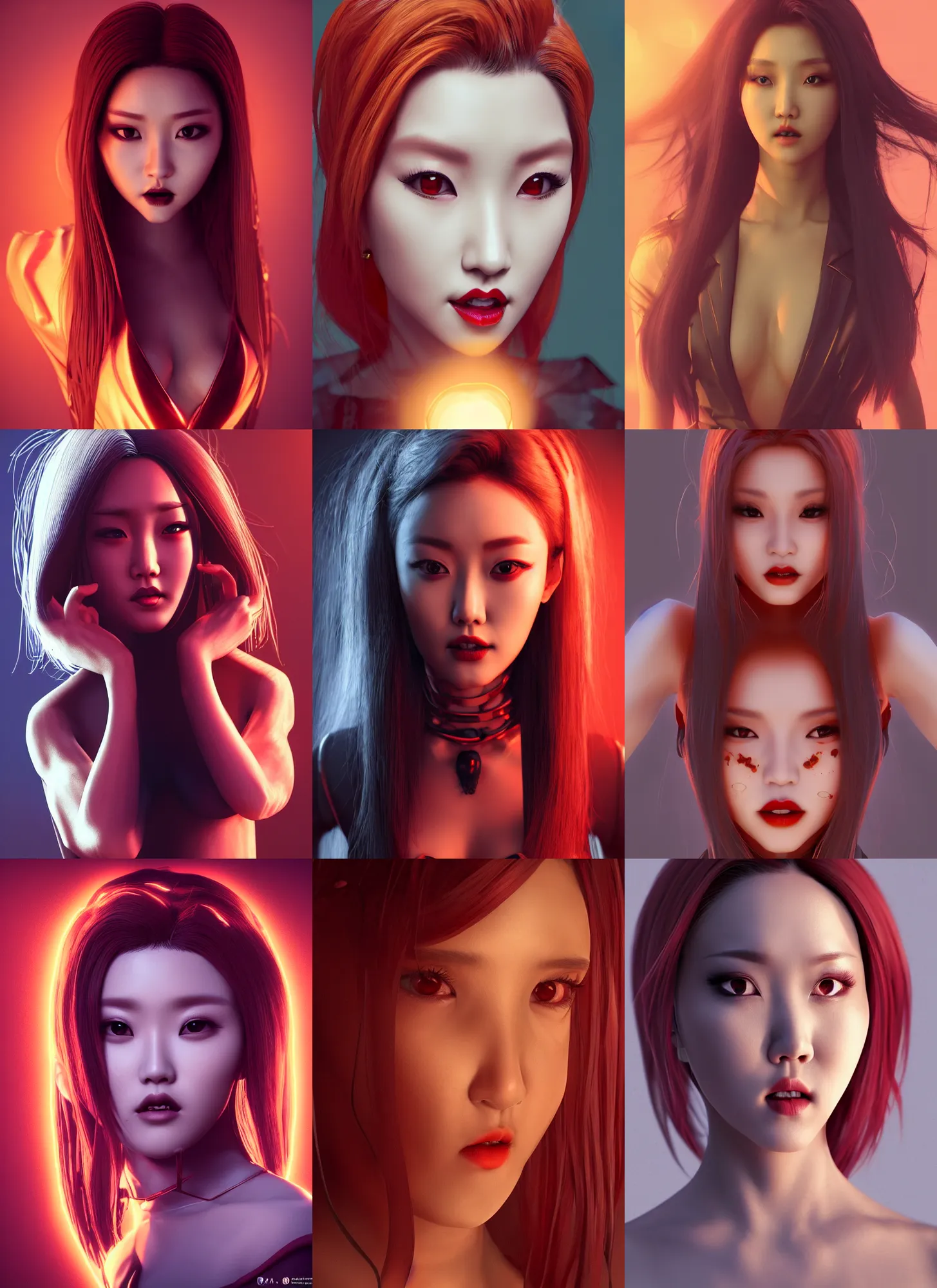 Prompt: hwasa as a vampire. intricate styled clothes, semi realism, anime realism, symmetrical face, slim face, photorealism, uhd, amazing depth, glowing, golden ratio, 3 d octane cycle unreal engine 5, volumetric lighting, cinematic lighting, red orange lighting, artstation concept art