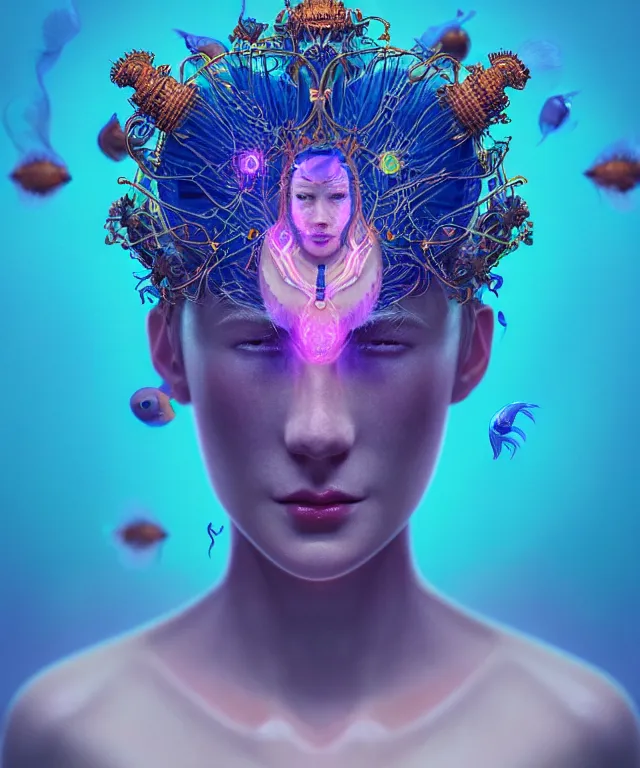 Image similar to symmetrical, centered, close-up portrait of goddess wearing crown made of betta fish, phoenix, bioluminiscent elements, intricate artwork by Tooth Wu and wlop and beeple. octane render, trending on artstation, greg rutkowski very coherent symmetrical artwork. cinematic, hyper realism, high detail, octane render, 8k