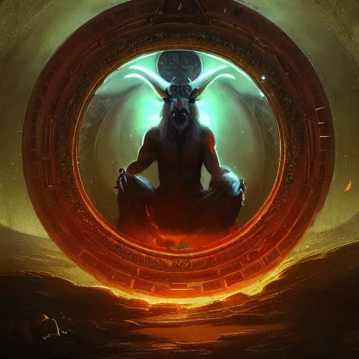 Image similar to Baphomet sitting in front of a portal to the infinite . Highly detailed painting Greg rutkowski. Good clear quality, high detail, octagon render 8k