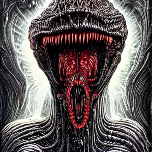 Image similar to space alien, slimy, glossy, sharp teeth, by h. r. giger, nightmare fuel, nightmarish, intricate, highly detailed, optical illusion, stranger things demogorgon