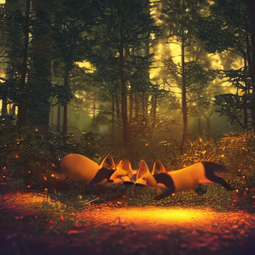 Image similar to second life in game screenshot of black foxes cuddling next to each other in a beautiful fantasy forest lit with fireflies, 3 d render, octane engine, unreal engine 4, 4 k screenshot