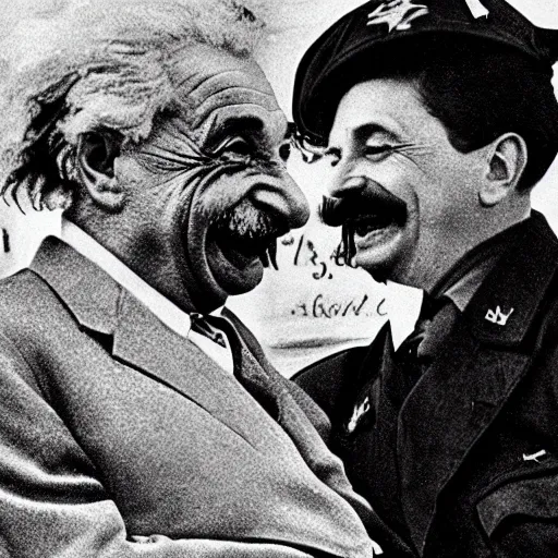 Image similar to Einstein laughing at Stalin, historical photo, high grain, black and white, highly detailed