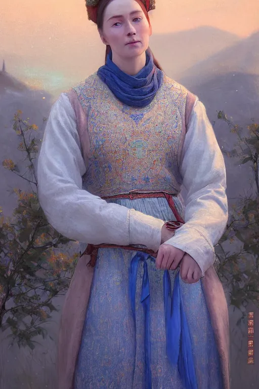 Image similar to portrait of a beautiful nordic woman, blue eyes, wearing a turkish traditional dress in istanbul on 1 9 0 0 s, extremely detailed digital painting, in the style of fenghua zhong and ruan jia and jeremy lipking and peter mohrbacher, mystical colors, rim light, beautiful lighting, 8 k, stunning scene, raytracing, octane, trending on artstation