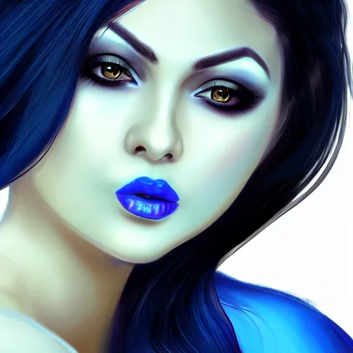 Image similar to portait of haifa wehbe, perfect lips licking tongue, long hair blue centred, hd, very detailed curve, digital painting, unreal engine, final fantasy style, amazing blue background theme