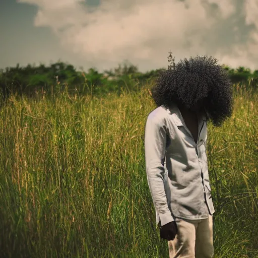 Image similar to east african male, curly hair, muslim, in vast field, beautiful scenery, nature, vintage, dreamy, pastel, thoughtful, intricate details
