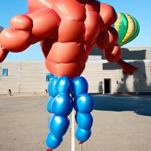 Prompt: balloon in the shape of a muscular man, muscle man made of balloon, inflated muscle, smooth muscle, rubber muscle, overinflated, tight rubber, about to burst