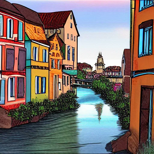 Image similar to digital art painting of a river running through a european town, very mediocre, not detailed at all.