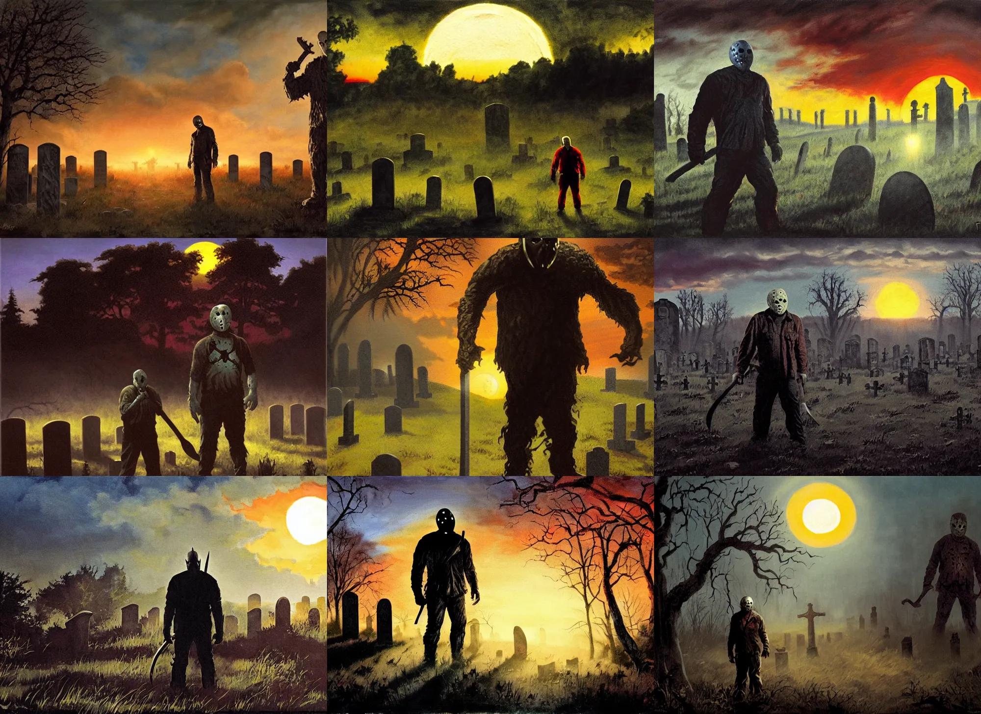 Prompt: jason voorhees in the big graveyard gravestones, with werewolf monster in far background, backlight, sunset, oil painting landscape by frazetta