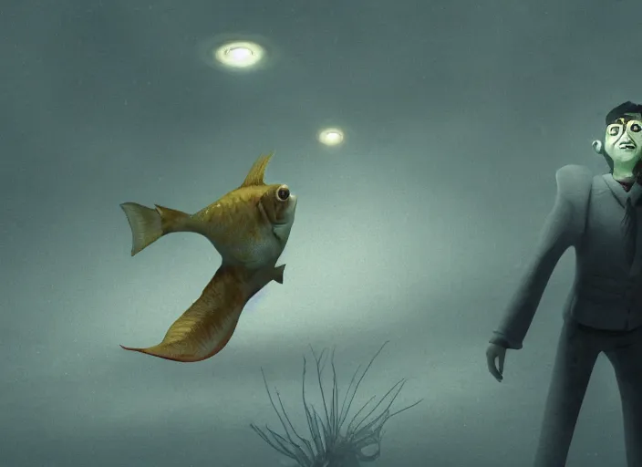 Image similar to florentin will as a fish, still from animated horror movie, animated movie shot, cinematic lighting