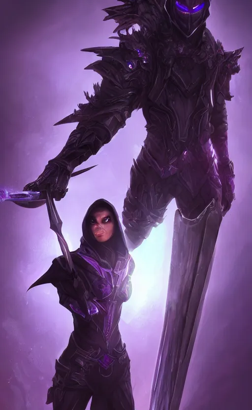 Prompt: a shadow, spectral assassin wearing purple carbon fiber armor, holding two daggers, with glowing purple eyes, dynamic lighting, photorealistic fantasy concept art, trending on art station, stunning visuals, creative, cinematic, ultra detailed
