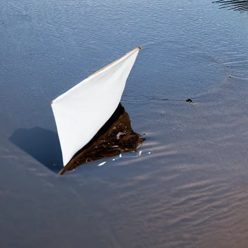 Image similar to long shot, of paper sailboat floating in a puddle near the sewer drain, 4k, HD Photography