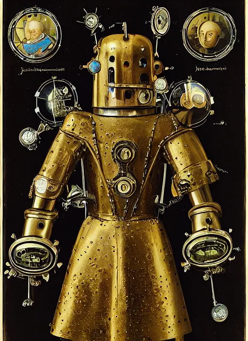 Image similar to a portrait of a shiny metallic renaissance steampunk robot, in the style of Jan van Eyck,