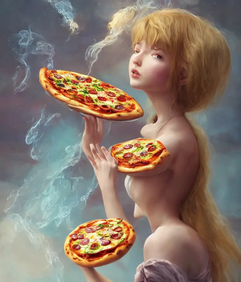 Prompt: a beautiful hyperrealistic detailed 3D render of a fairy girl with pizza instead of wings, by Anton Otto Fischer, Atey Ghailan, genzoman, unreal engine, octane render, gigantic, 3D, brilliantly coloured, intricate, ultra wide angle, trending on artstation, embers, smoke, dust, dusk, volumetric lighting, HDR, polished, micro details, ray tracing, 8k,