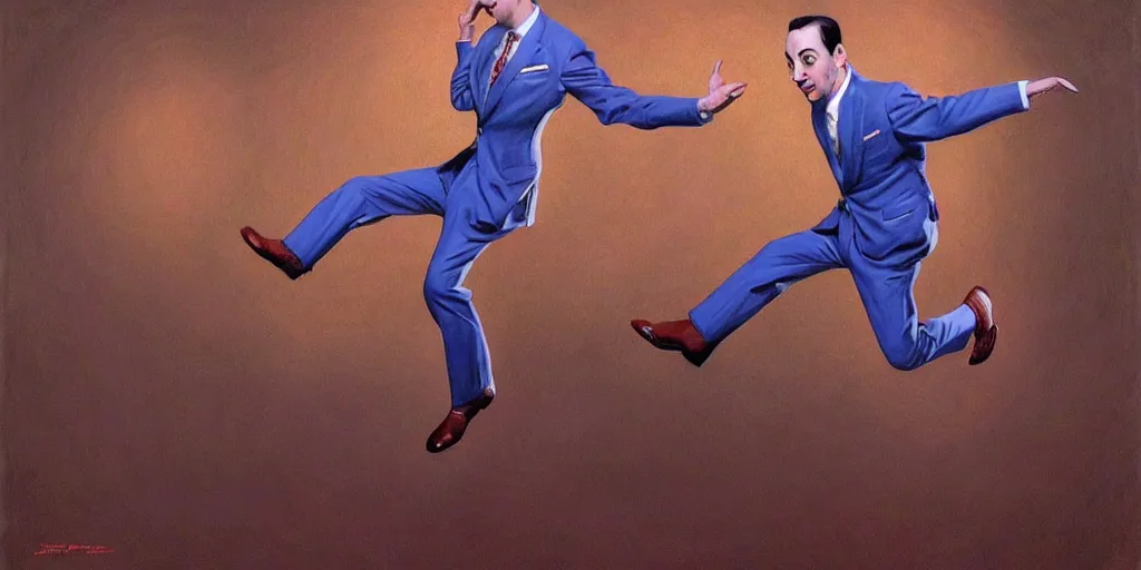 Image similar to Portrait of pee-wee herman leaping to the side, highly detailed, digital painting, artstation, concept art, illustration, dramatic lighting, art by donato giancola