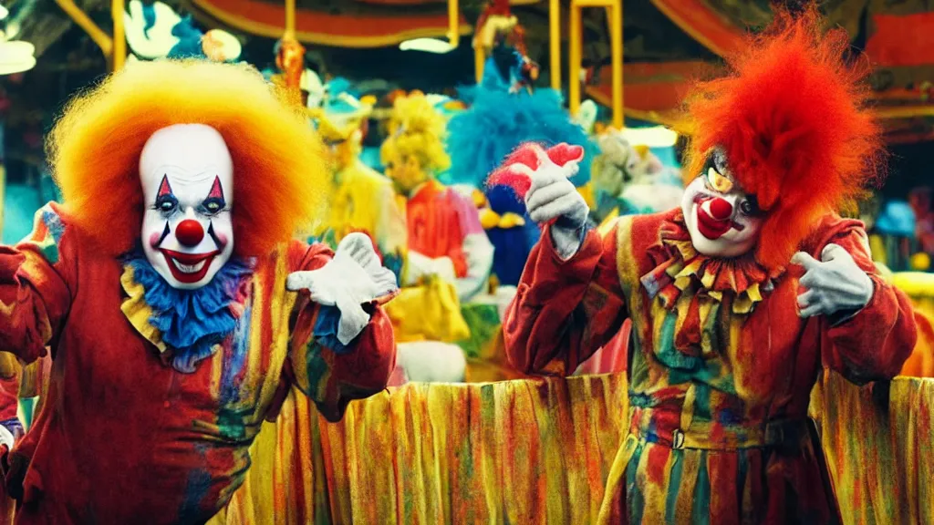 Prompt: the 5 0 foot clown at the fair, film still from the movie directed by denis villeneuve and david cronenberg with art direction by salvador dali and dr. seuss