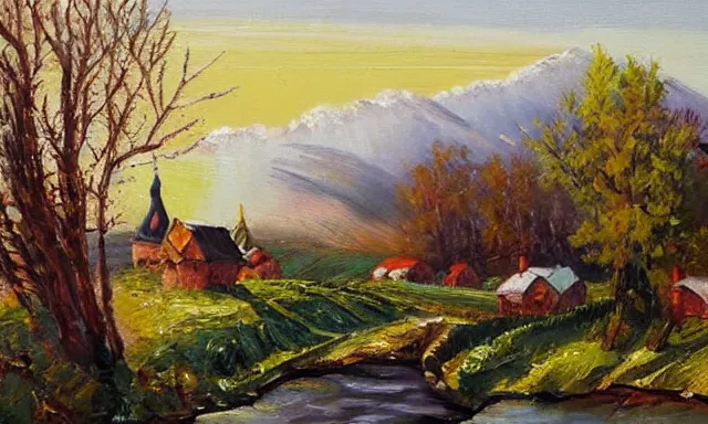 Prompt: beautiful landscape of Russian village, sunny and little cloudy, oil painting, high quality