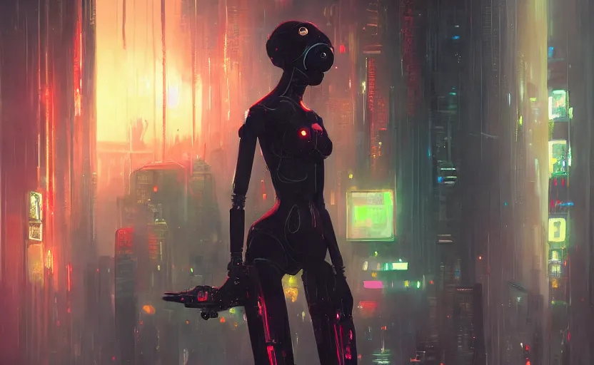 Image similar to a painting of a sensual robot in the city of dreams trending on artstation in the style of greg rutkowski, 8 0 s, cyberpunk, blade runner