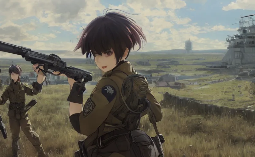 Image similar to panoramic view, girl, soldier clothing, battlefield in background, anime style, short hair, hair down, realistic anatomy, symmetrical facial features, from arknights, hyper realistic, 4 k, rule of thirds, extreme detail, detailed drawing, safebooru, realistic lighting, by alphonse mucha, greg rutkowski, sharp focus, backlit