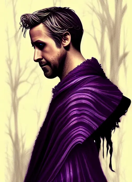 Prompt: side portrait Ryan Gosling as dark witch, adventurer outfit large cloak, fantasy forest landscape, dragon scales, fantasy magic, undercut hairstyle, short purple black fade hair, dark light night, intricate, elegant, sharp focus, illustration, highly detailed, digital painting, concept art, matte, art by WLOP and Artgerm and Greg Rutkowski and Alphonse Mucha, masterpiece