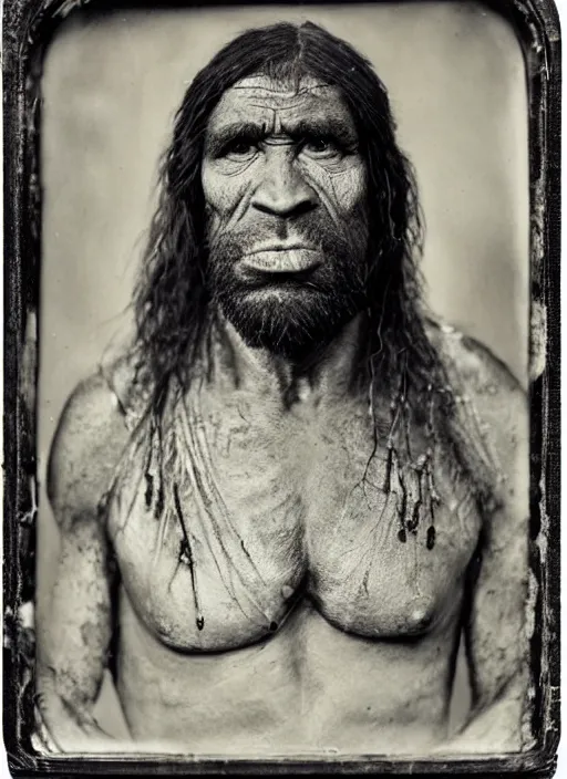 Image similar to portrait of a neanderthaler, hyperrealism, photo realistic, detailed, award winning photograph, cinematic lighting, ambrotype wet plate collodion by richard avedon and shane balkowitsch