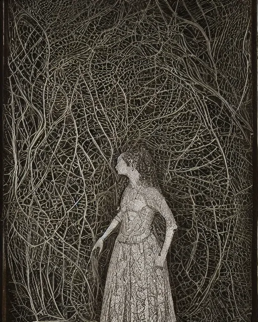 Image similar to a woman standing at the mouth of a cave, made of intricate decorative lace leaf skeleton, in the style of the dutch masters and gregory crewdson, dark and moody