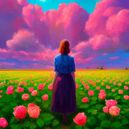 Image similar to large rose as a face, girl frontal in a flower field, surreal photography, sunrise dramatic light, impressionist painting, colorful clouds, digital painting, artstation, simon stalenhag