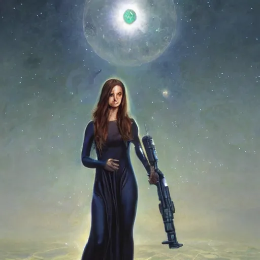 Image similar to pleiadian woman with big eyes and long silver hair wearing a dark body suit and wielding a plasma gun as a realistic sci fi character, portrait art by donato giancola and greg rutkowski, digital art, trending on artstation, standing in a barren field