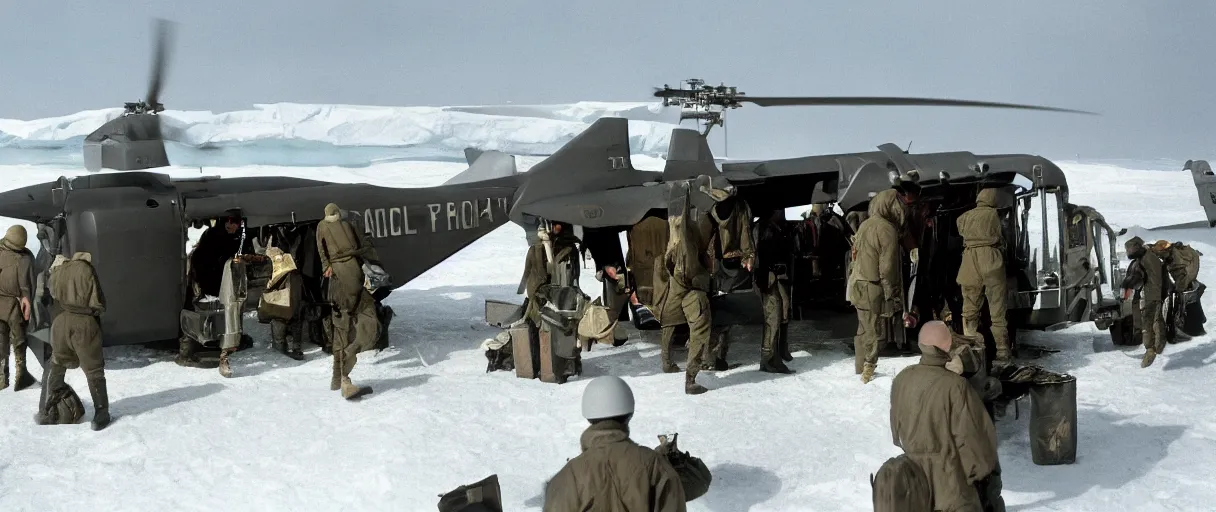 Image similar to establishing wide shot color movie like 3 5 mm photograph of middle aged caucasian us soldierss unloading dark grey metal rectangular crate from a black military 1 9 8 2 helicopter at a top secret military base in antarctica