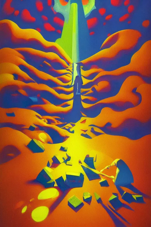 Prompt: a paper blotter tab of LSD acid melting into a surreal psychedelic hallucination, screenprint by Edward Hopper and James Gilleard, Zdzislaw Beksinski, Steven Outram colorful flat surreal design, hd, 8k, artstation