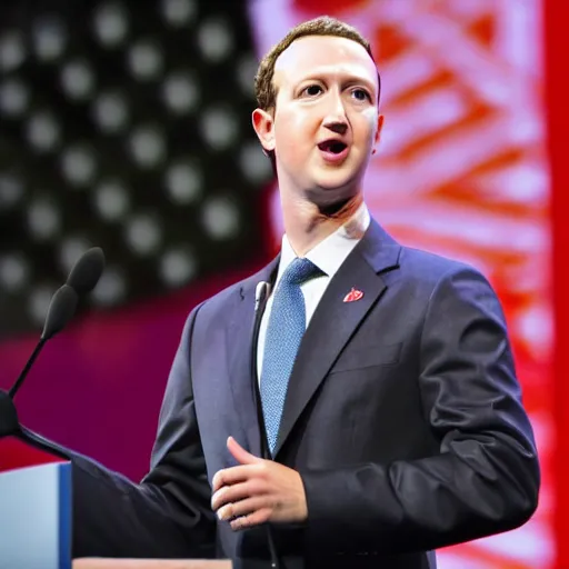 Prompt: detailed photos of mark zuckerburg at the republican national convention podium as the republican presidential candidate, photos, event photos, canon mark ii, f / 1. 2, focused photo