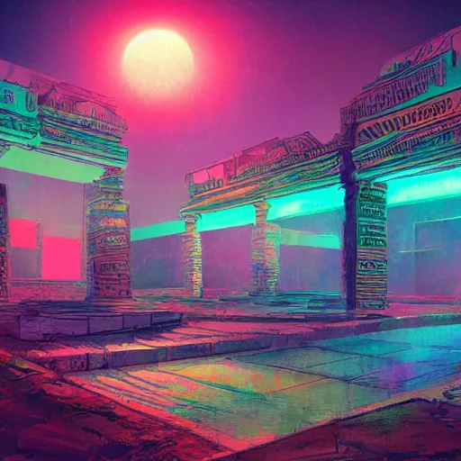 Image similar to neon ancient ruins, digital art, retrowave art, trending on art station