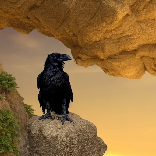 Image similar to a beautifully highly detailed close up portrait of a raven under a rock arch, coves crashing waves plants, beautiful serene sunset, detailed organic textures by frederic leighton and rosetti and turner and eugene von guerard, 4 k, octane render