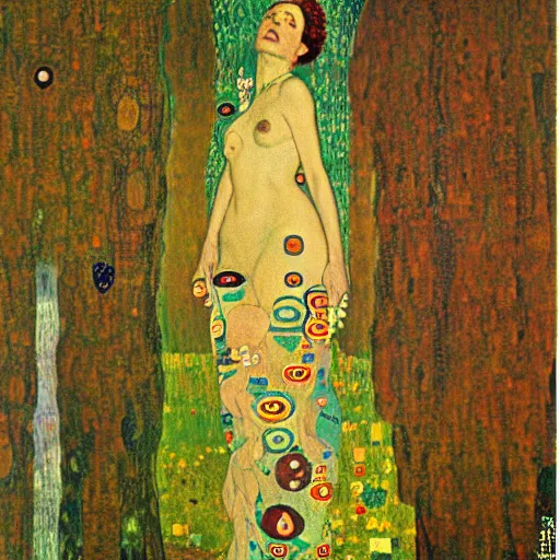 Image similar to portrait of a surreal goddess floating in the middle of a ancient wood, painting by Gustav Klimt and Andy Warhol