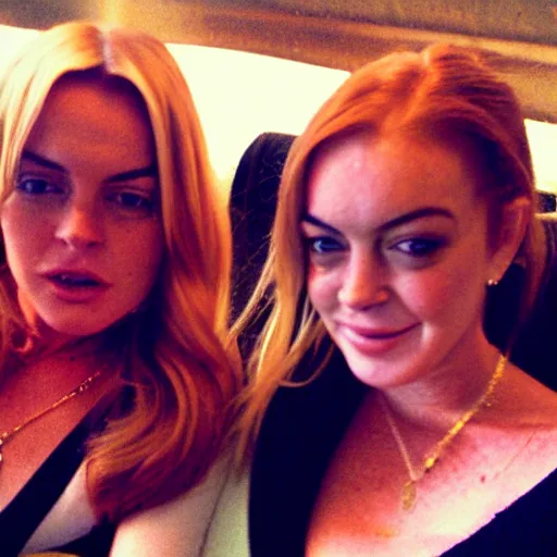 Image similar to Selfie photograph of Lindsay Lohan and Lindsay Lohan, golden hour, 8k,