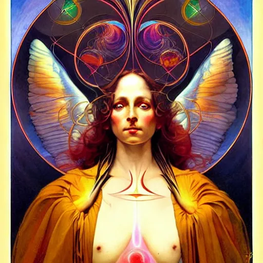 Image similar to psychedelic angelic celestial being artwork of esao andrews frank xavier leyendecker, energy body, sacred geometry, esoteric art, divinity detailed, saturated colors,