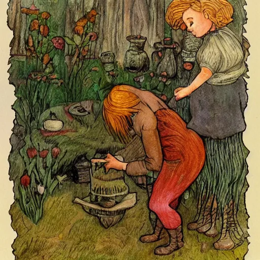 Prompt: the blacksmits’ daughter, working in the forge, fantasy art in the style of Elsa Beskow,