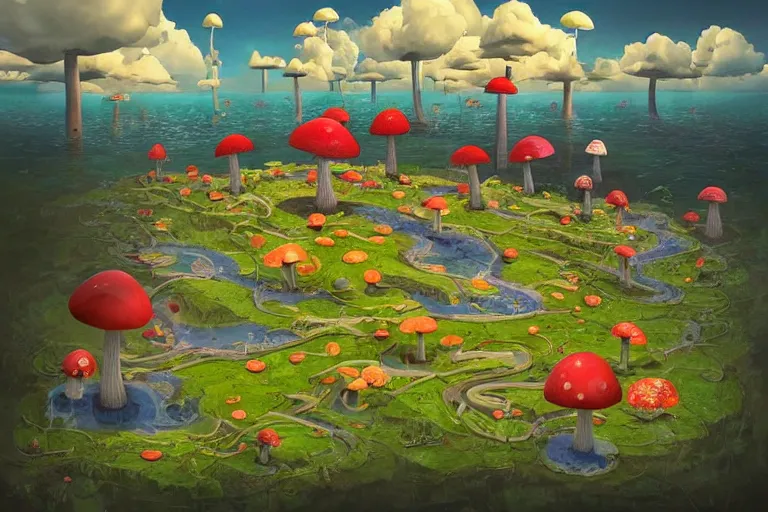 Image similar to surreal mushroom kingdom, floating island in the sky, water pipes in the ground, summer morning, very coherent and colorful high contrast, art by!!!! gediminas pranckevicius!!!!, geof darrow, dark shadows, hard lighting