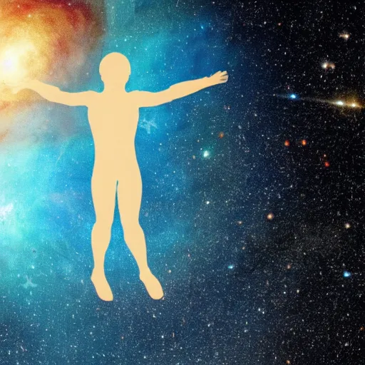Image similar to A translucent transparent human floating in a galaxy, award-winning