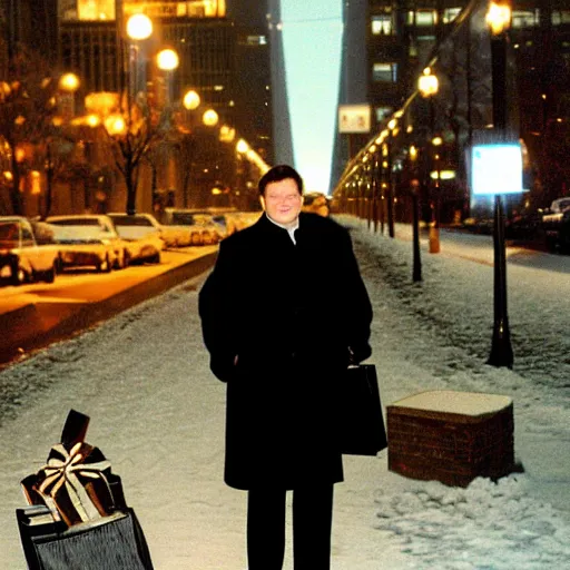 Image similar to 1 9 9 8 andy richter wearing a black wool coat and necktie standing on the streets of chicago at night in winter, holding shopping bags gifts, dynamic lighting, holiday season.