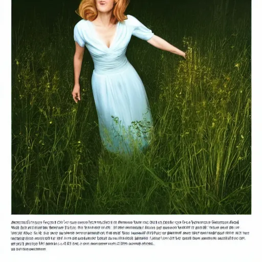 Prompt: photo of a gorgeous Gillian Anderson long flowing hairstyle in an enchanted meadow by Mario Testino, detailed, distance shot, award winning, Sony a7R