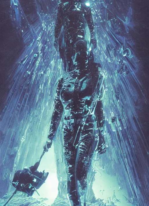 Image similar to astronauts divers in dark void underwater - complex and hyperdetailed technical suit design. reflection and dispersion materials. rays and dispersion of light. volumetric light. f / 3 2. noise film photo. flash photography. ultra realistic, 5 0 mm. poster by wayne barlowe, hajime sorayama aaron horkey, craig mullins