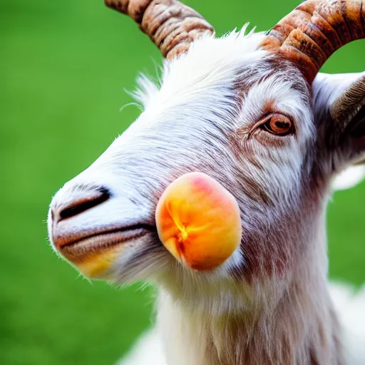 Image similar to a goat with peaches stuck on its horns, 8 k, 4 k, professional photography, award winning photo