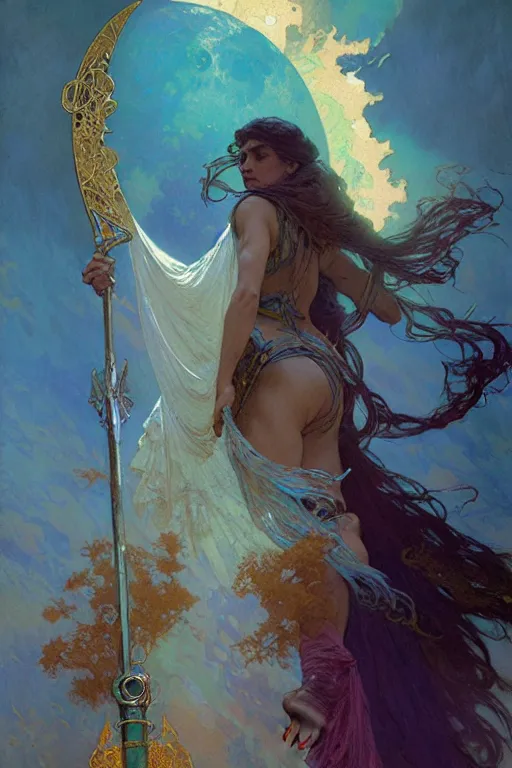 Image similar to pearlescent turquoise moon sorcerer, character design, painting by gaston bussiere, craig mullins, greg rutkowski, alphonse mucha