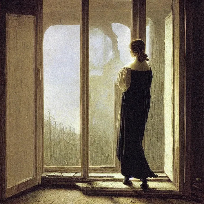 Image similar to painting of a broken window with a beautiful white woman on the outside by caspar david friedrich, at night