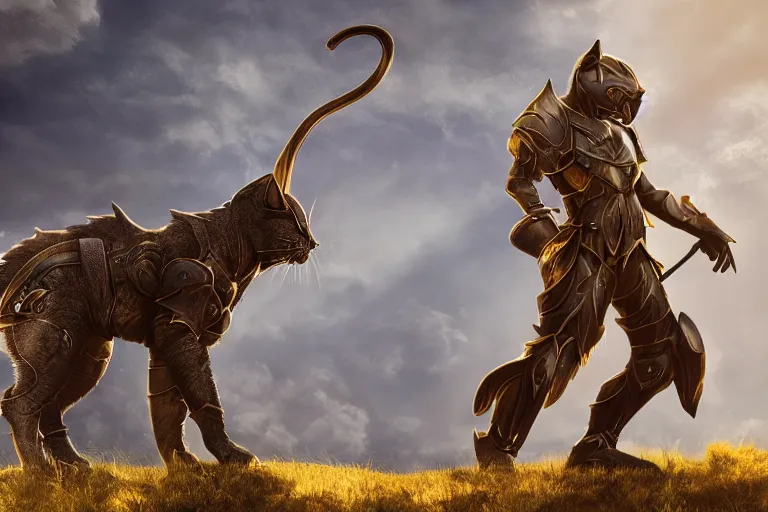 Image similar to cool looking anthrophomorphic cat in armor, sheathed weapon, fantasy, unreal engine, realistic, golden hour, professional photography, mild depth of field, cinematic lighting, 8 k