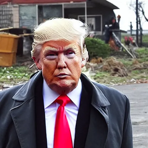 Image similar to donald trump dressed as a homeless man living in the slums